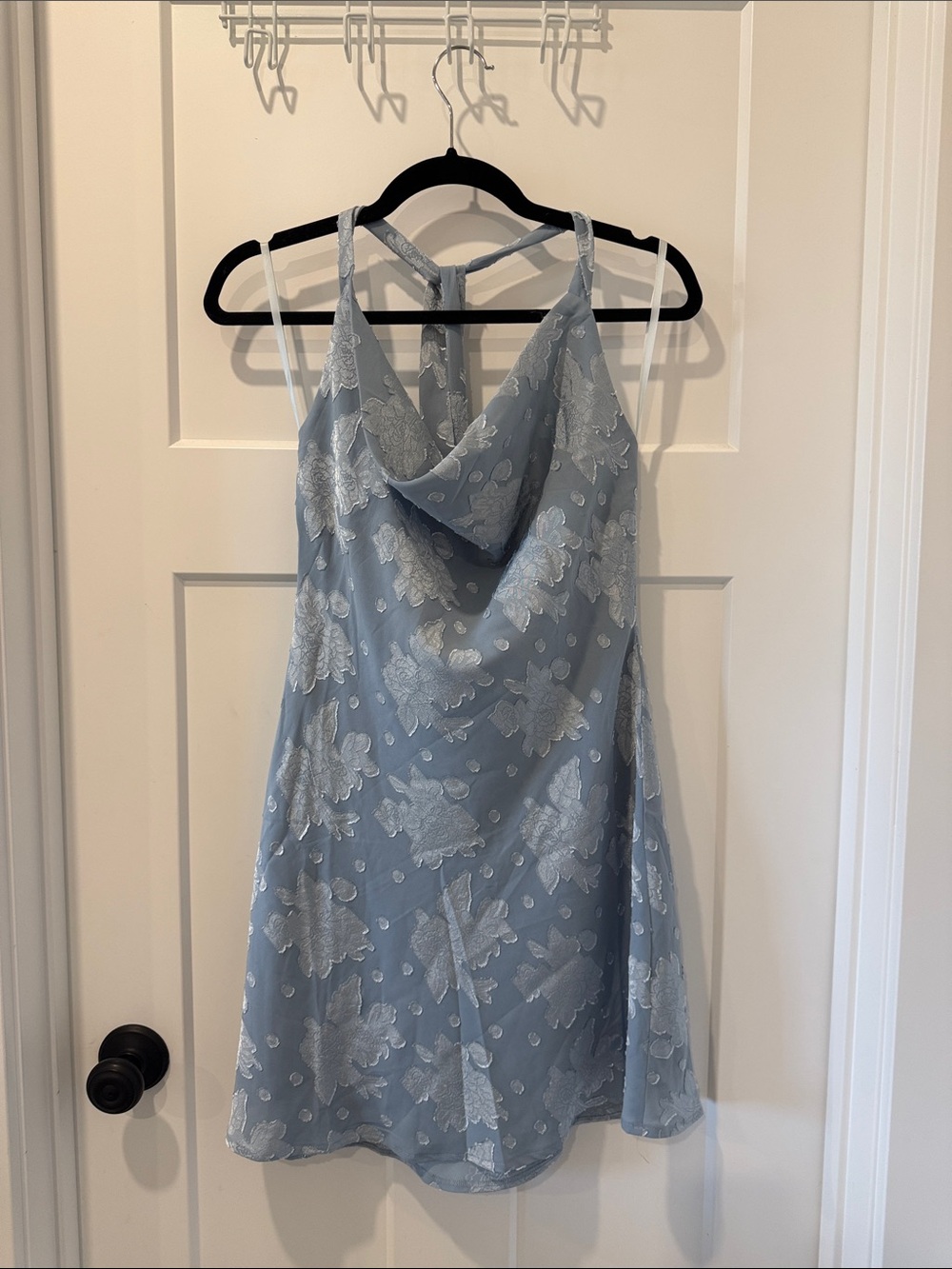 Light Blue Floral Lace Cowl Neck Slip Dress